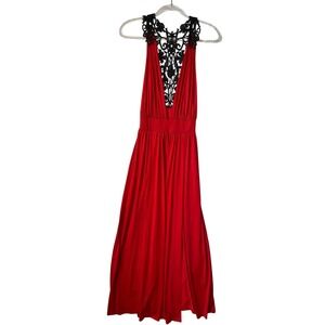 Sexy Red Maxi Dress Black Lace Plunge V Neck Sleeveless‎ Evening Gown Small Y2K